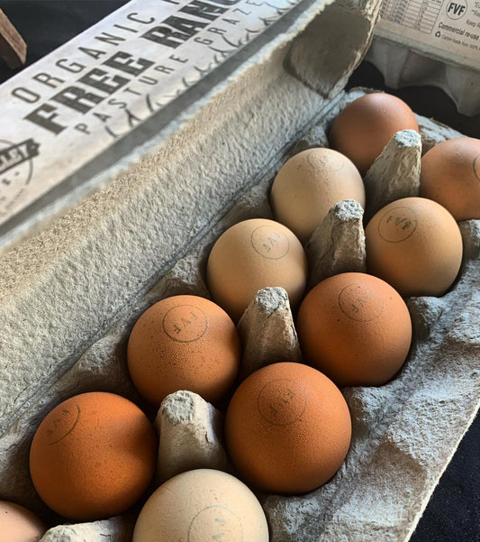 Eggs - Freestone Valley - Open carton overhead. Filename says 'Large 600g' but visible label is 'X-LARGE 7