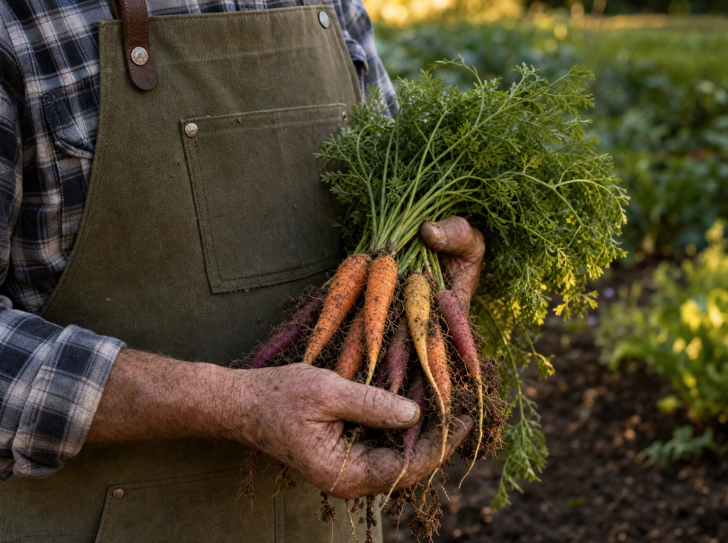 Weathered hands cradling freshly-pulled rainbow carrots, soil on the roots