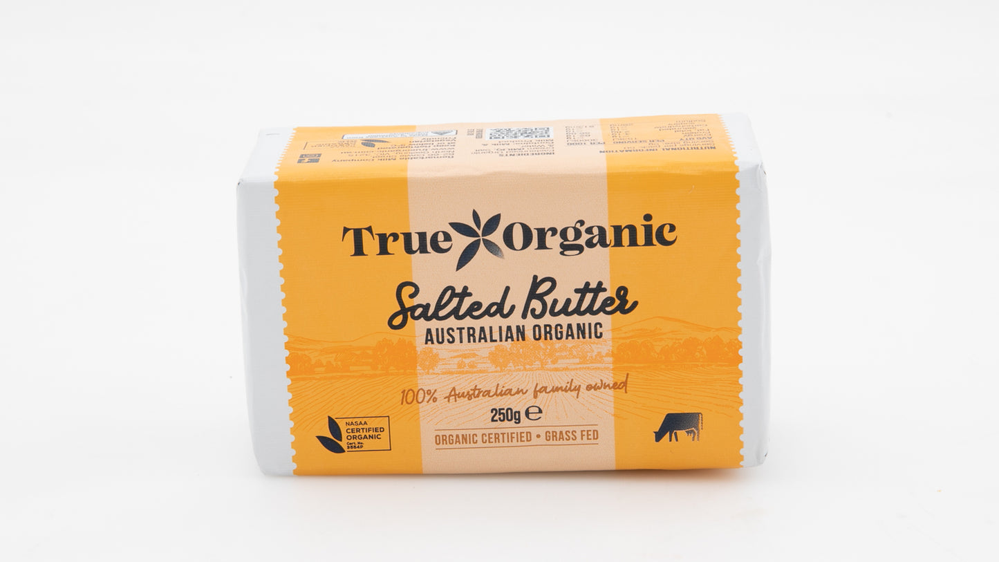 Butter - Australian Organic - True Organic Salted 250g packet (yellow). Real product photo.