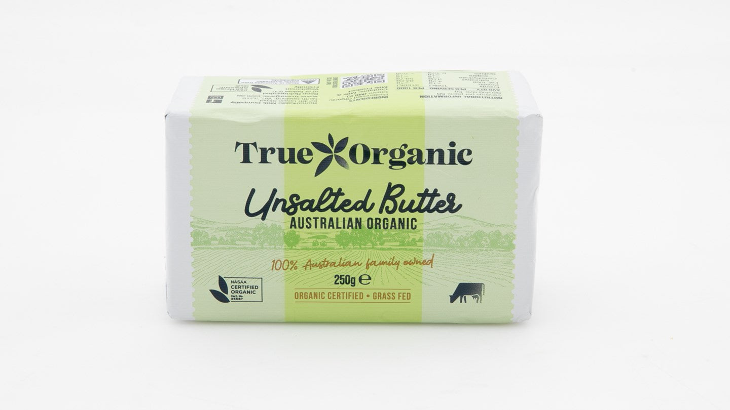 Butter - Australian Organic - True Organic Unsalted 250g packet (green). Real product photo.