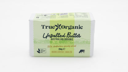 Butter - Australian Organic - True Organic Unsalted 250g packet (green). Real product photo.