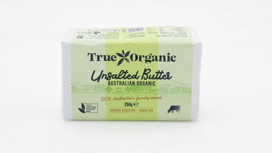 Butter - Australian Organic - True Organic Unsalted 250g packet (green). Real product photo.