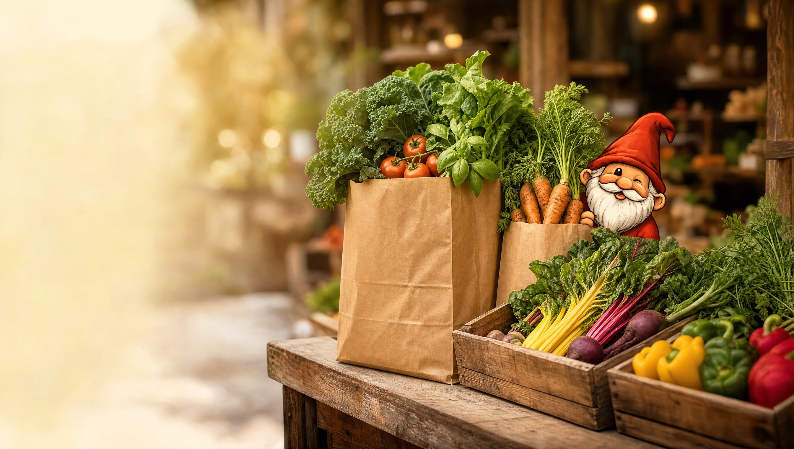 Brown kraft paper grocery bags filled with fresh organic produce, ready for Click & Collect pickup