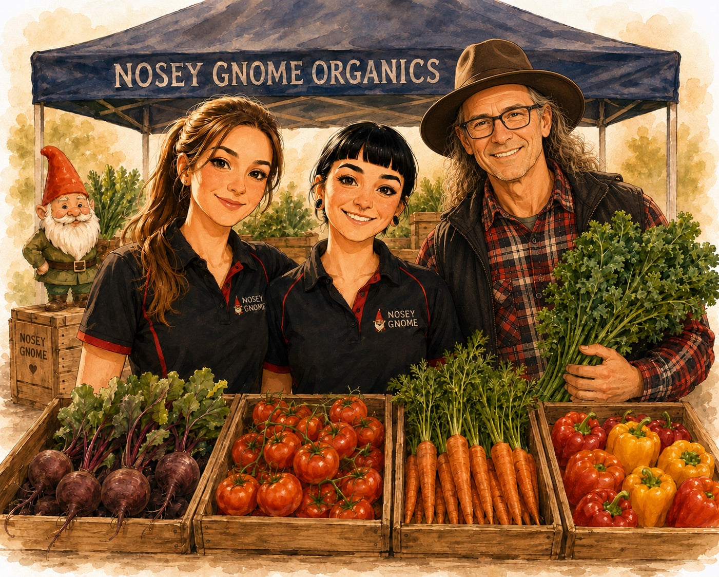 Paul and his daughters at the Nosey Gnome Organics market stall on Tamborine Mountain