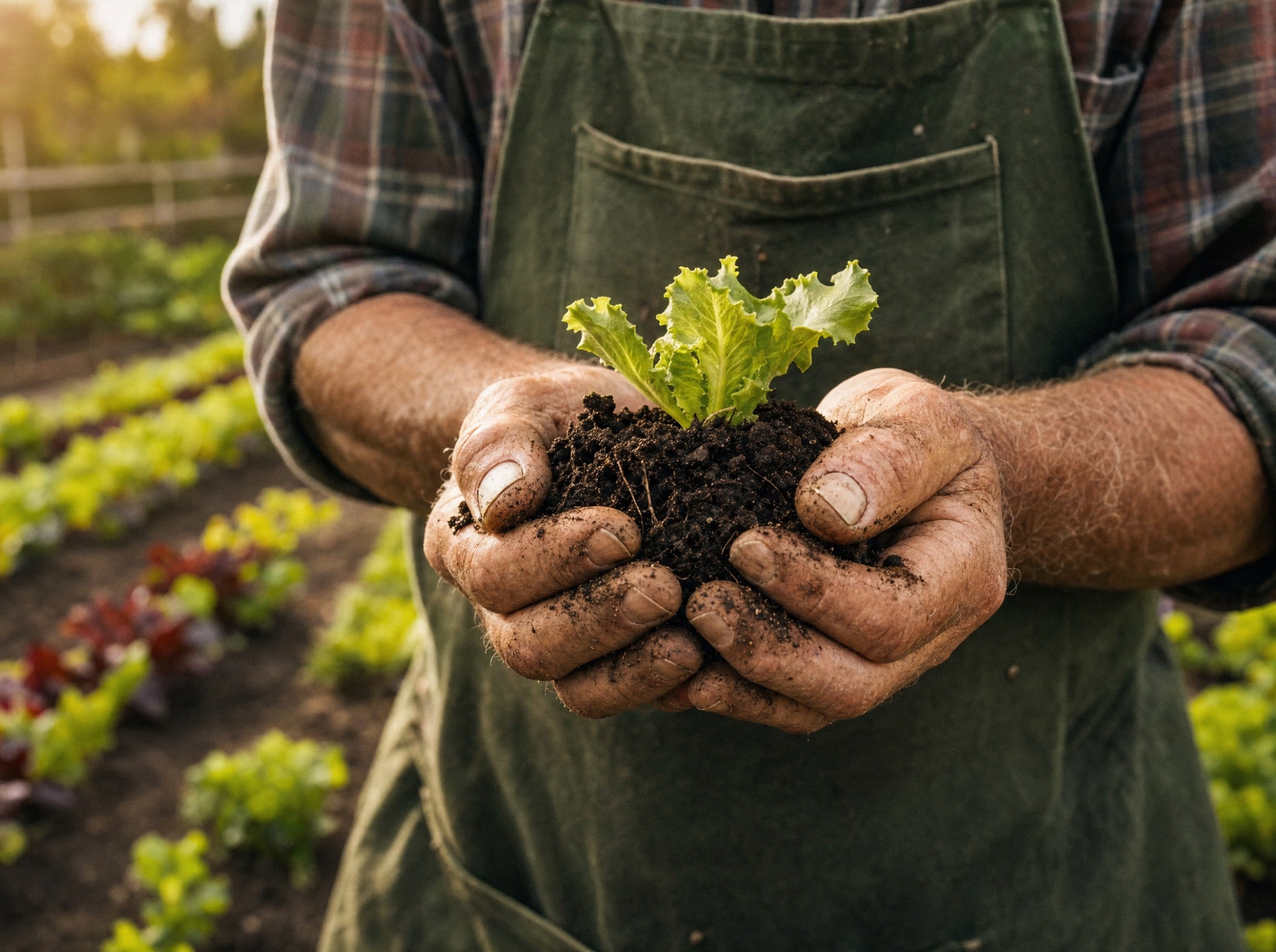 Weathered hands cupping rich garden soil with a young lettuce seedling