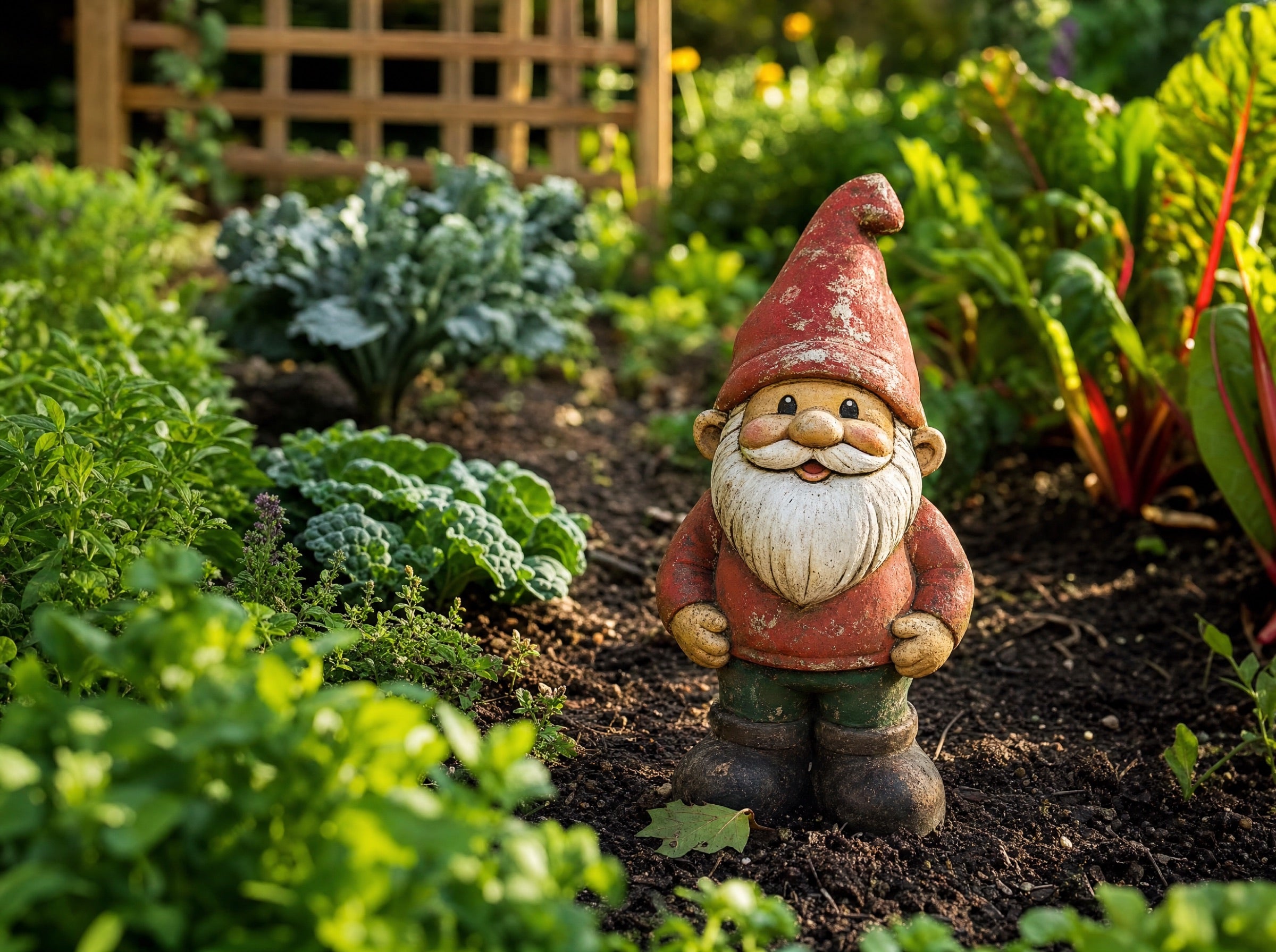 A weathered ceramic red-hat gnome standing in an organic vegetable garden